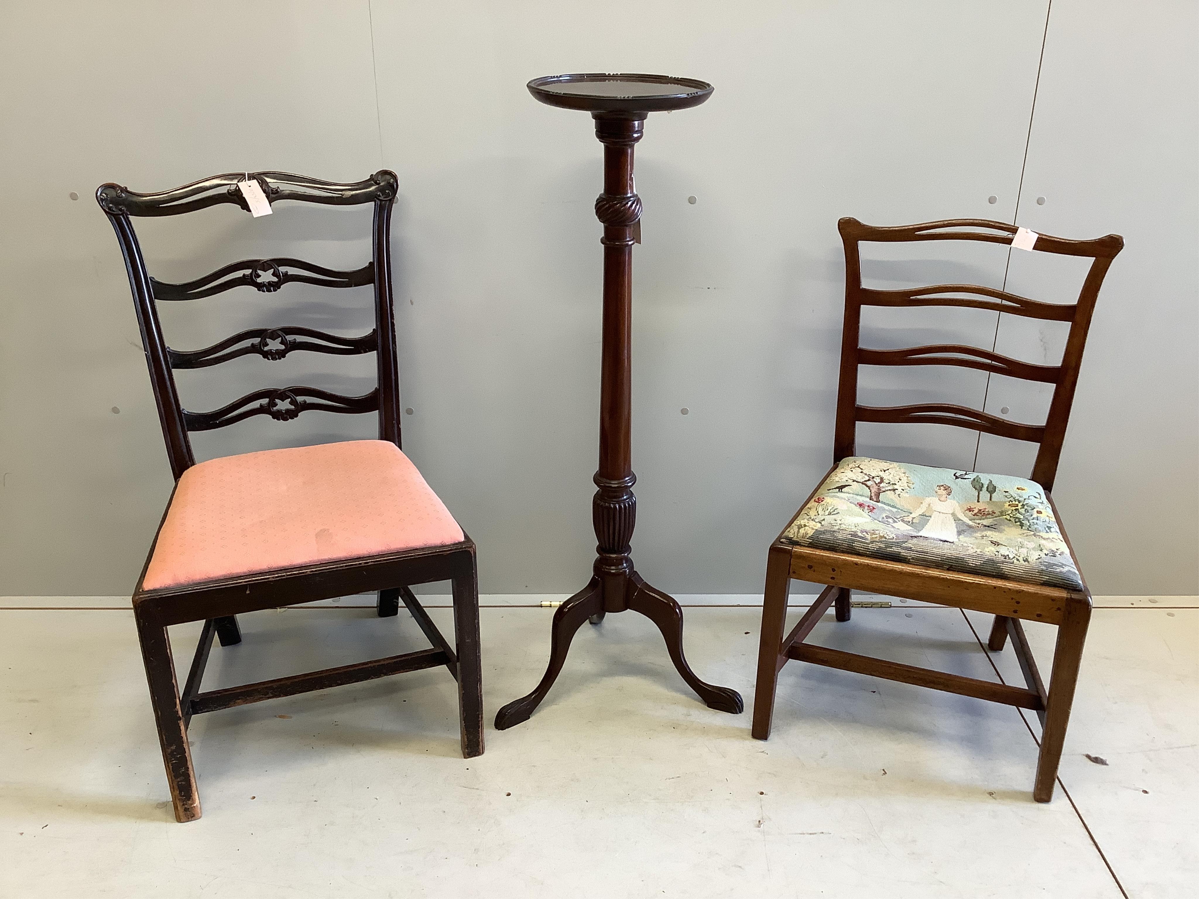 A 19th century mahogany ladderback dining chair with needlework seat, another ladderback chair and a mahogany torchere on tripod base